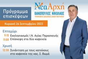 Ο Νικόλαος Βανόπουλος συναντά τους πολίτες - Πρόγραμμα επισκέων Κυριακής 24 Σεπτεμβρίου