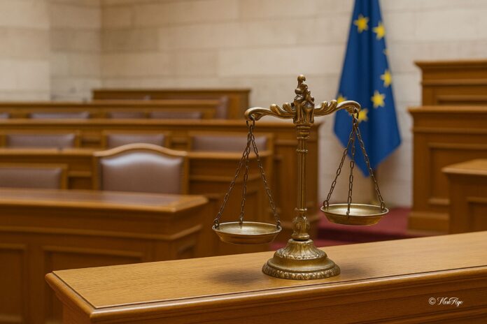 Άδειο κοινοβουλευτικό έδρανο με ζυγό Δικαιοσύνης και σημαία Ε.Ε. στο βάθος. Εικόνα για άρθρο πολιτικής ανάλυσης σχετικά με την αθώωση του κόμματος «Σπαρτιάτες» και τον θεσμικό αποκλεισμό του. Αθώοι αλλά Εκτός: Το Συνταγματικό Παράδοξο των «Σπαρτιατών»