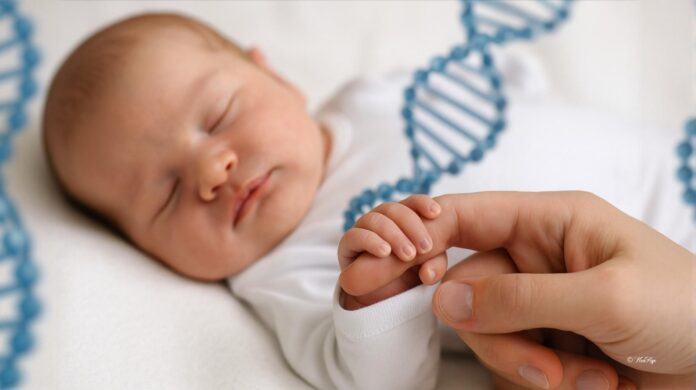 Νεογνικό DNA: Νέες Δηλώσεις, Παλιά Ερωτήματα. Νεογέννητο μωρό σε θερμοκοιτίδα, δίπλα σε εργαστηριακό εξοπλισμό και σύμβολο DNA στο φόντο.
