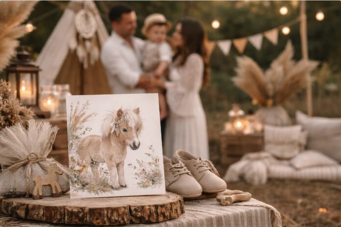Σύγχρονη boho βάπτιση αγοριού με φυσική διακόσμηση και προσκλητήριο με μικρό αλογάκι. Σύγχρονες βαπτίσεις