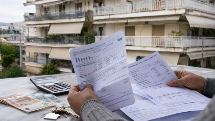 Ιδιοκτήτης ακινήτου εξετάζει λογαριασμούς ρεύματος, δημοτικά τέλη και έγγραφα ακινήτου με φόντο πολυκατοικία.